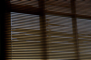 slightly closed window blinds on a bright day.