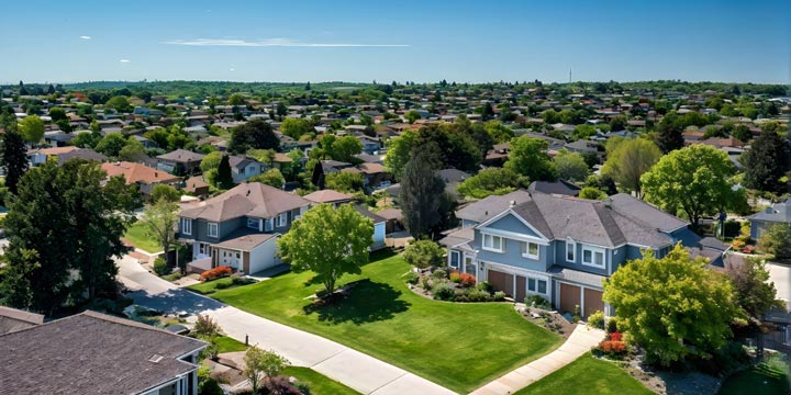 A vibrant aerial view of a suburban Arkansas neighborhood.