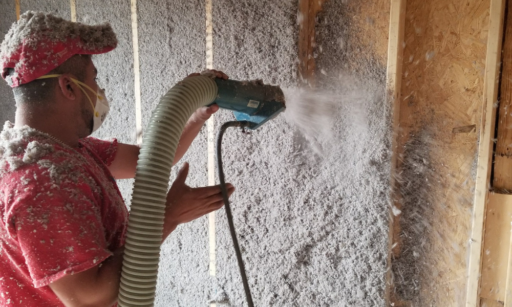 cellulose-installer-insulating-walls Cellulose wall insulation in walls and ceiling.
