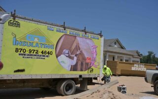 G&S Insulating service truck G&S Insulating branded service truck advertising foam, cellulose, fiberglass, gutters, and fireplaces at a new job site in Little Rock, AR