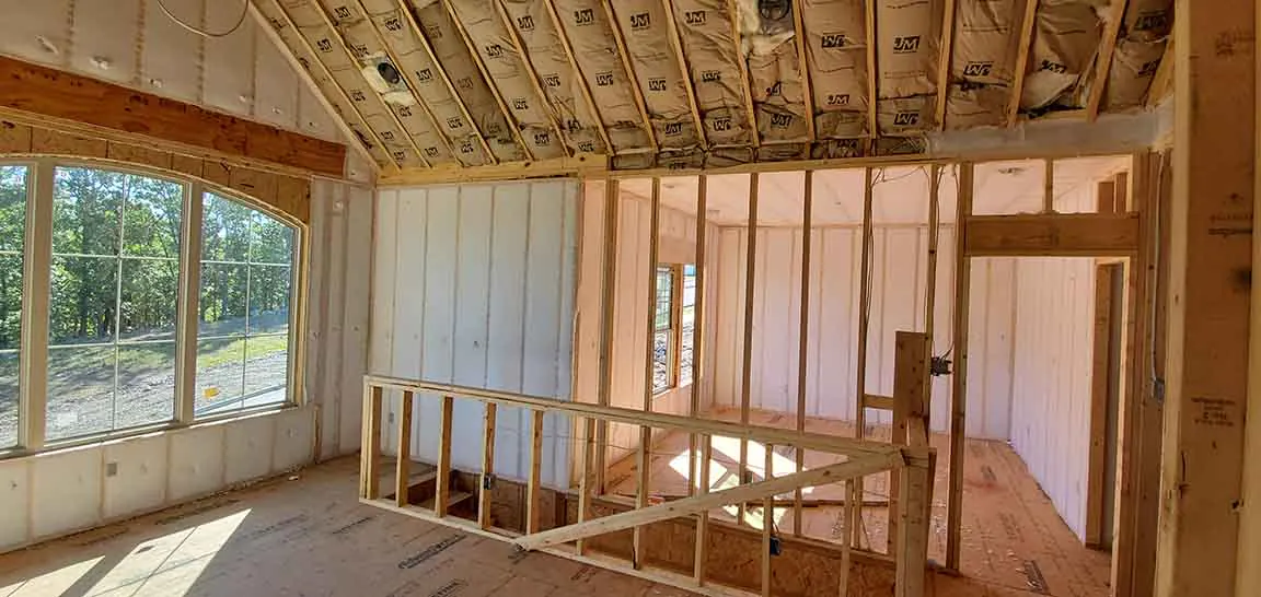 G&S Insulating faced fiberglass batt insulation installed in vaulted ceiling and walls of new home, Little Rock, AR.